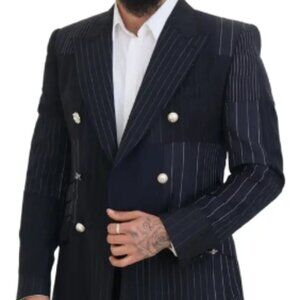 Dolce & Gabbana BLUE WOOL PATCHWORK DOUBLE BREASTED BLAZER